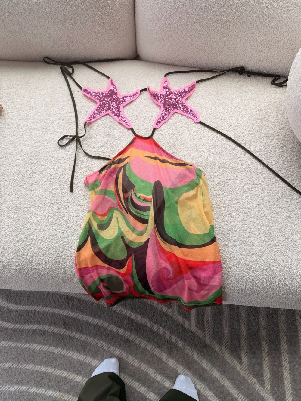 Sequin Starfish Halter Mini Dress in Multi Pink